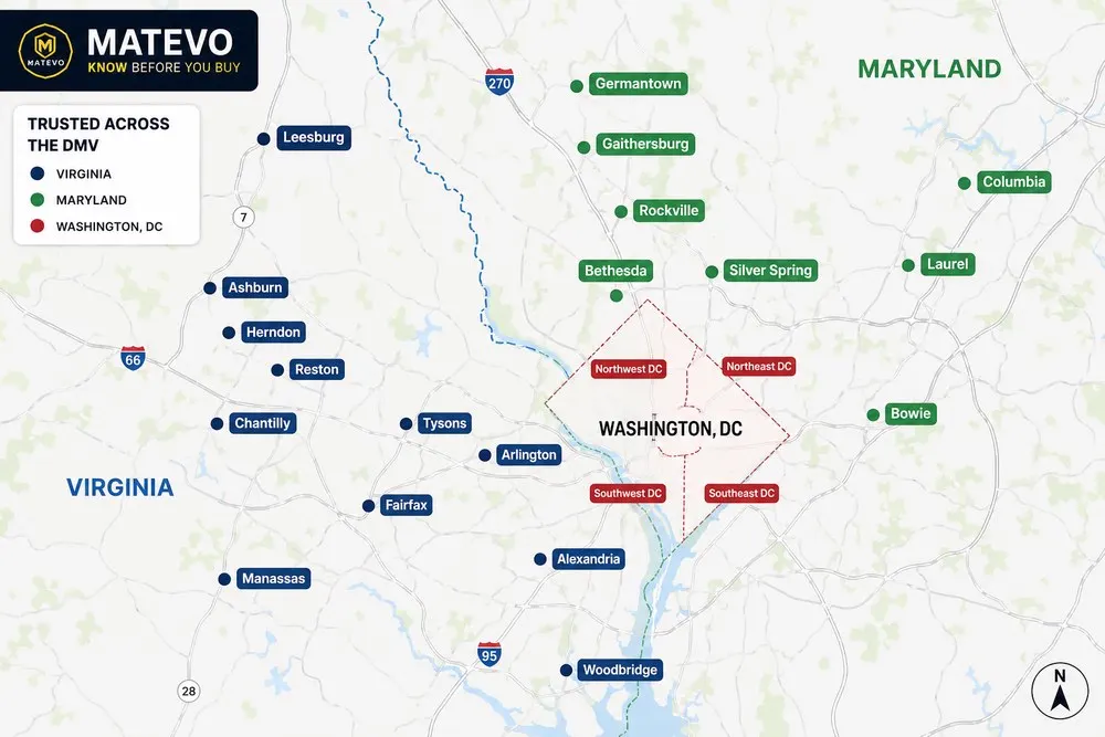 Matevo service area map across Virginia, Maryland, and Washington DC