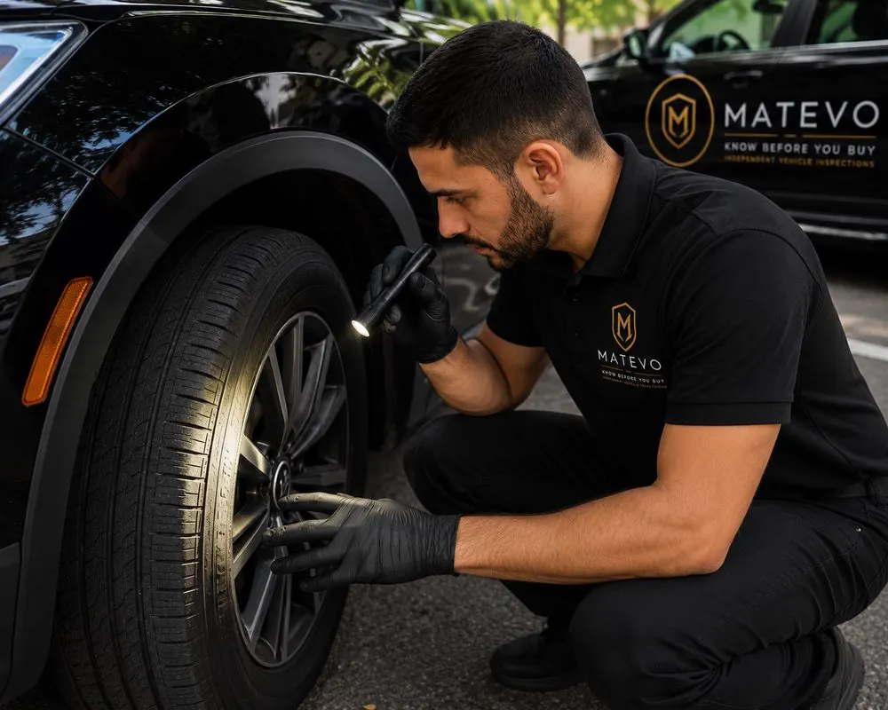 Matevo inspector checking tire tread with a flashlight
